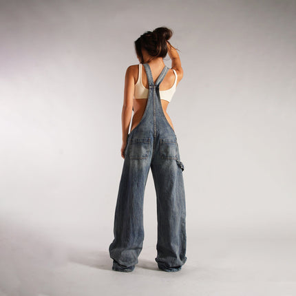 Y2K Zipper Denim Overalls With Pockets Fashion Loose Suspender Jumpsuit Streetwear Jeans Pants Womens Clothing