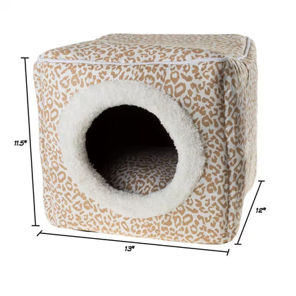 Small Tan/White Animal Print Cozy Cave Pet Cube