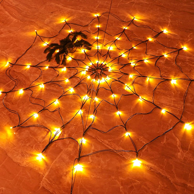 Halloween 80 LED Orange Spider Web Lights with Spider, Battery Powered 8 Modes Light up Cobweb Halloween Decorations for Indoor Ourdoor Garden Yard Home Patio (Orange)