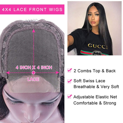 Straight 4X4 Lace Front Wigs for Black Women Human Hair Glueless Transparent HD Lace Closure Human Hair Wigs Brazilian Virgin Hair Pre Plucked 150% Density Natural Black 26Inch