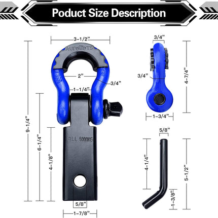 Shackle Hitch Receiver 2", 45,000 Lbs Break Strength Heavy Duty Receiver with 5/8" Screw Pin, 3/4" D Ring Shackles, Towing Accessories for Vehicle Recovery Off-Road, Blue&Black