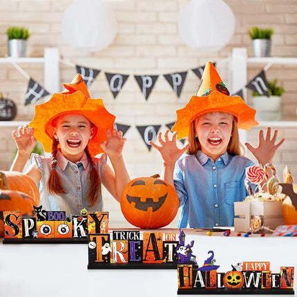 3Pcs Halloween Wooden Table Centerpieces Signs, Halloween Decorations Indoor Table Decor for Halloween Party Supplies, Orange