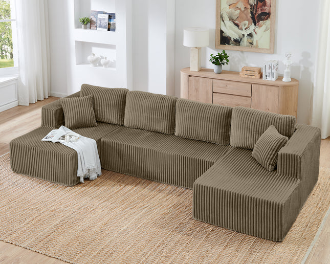 U Shape Modular Sectional Sofa, Compressed Sectional Sofa Modern Minimalist Style Corduroy Couch, Sleeper Sofa For Living Room, Bedroom, Comfy Compressed Sofa -Brown