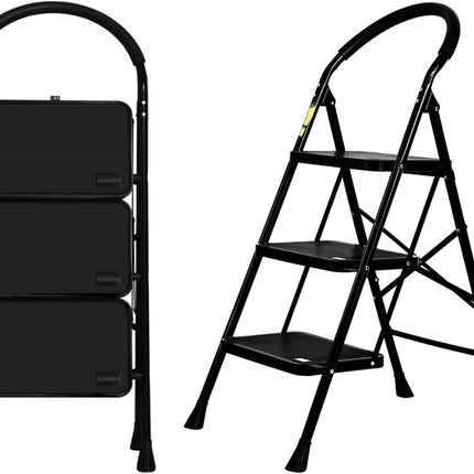 Step Ladder 3 Step, Folding Step Stool with Wide Anti-Slip Pedal and Comfort Handgrip, Portable Sturdy Slim Ladders 3 Step for Kitchen and Home, 330 Lbs, Black