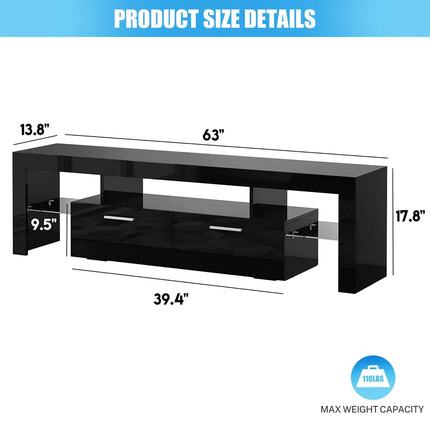 TV Stand for Tvs up to 70", High Gloss TV Cabinet with LED Light, Modern TV Console Table with Storage Drawers, Media Television Stand Entertainment Center, Black