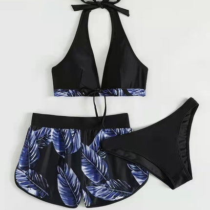 3pcs Leaf Print Bikini With Shorts Fashion Summer Beach Swimsuit Womens Clothing