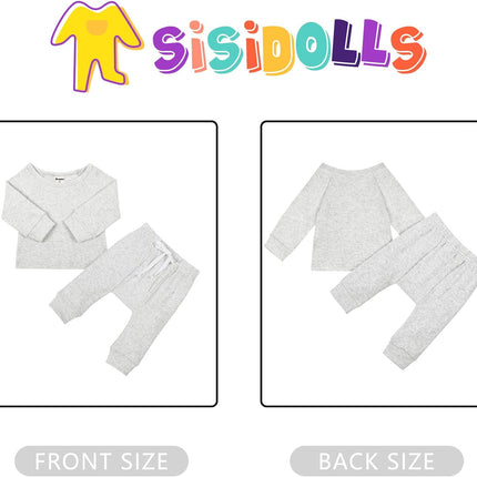 Newborn Baby Boy Girl Waffle Knitted Clothes Set Cotton Long Sleeve Pullover Pants Solid Color Fall Winter Outfits(Grey, 12-18M)