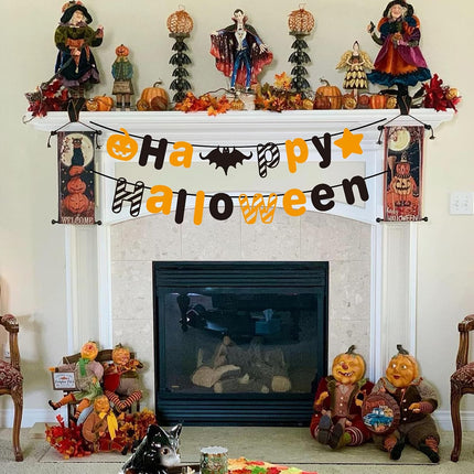 Orange Black Halloween Party Banner with Bat Pumpkin Sign Happy Halloween Letter Banner for Haunted Houses Doorways Home Outdoor Indoor Party Decorations