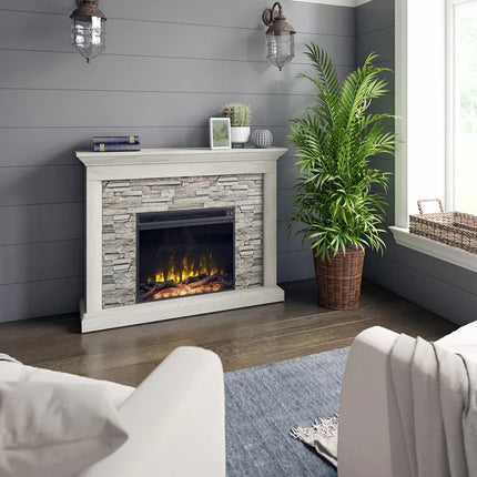 Electric Fireplace Mantel Package in Weathered Gray - Rustic Stacked Stone Surround - Heat 400 SQ FT