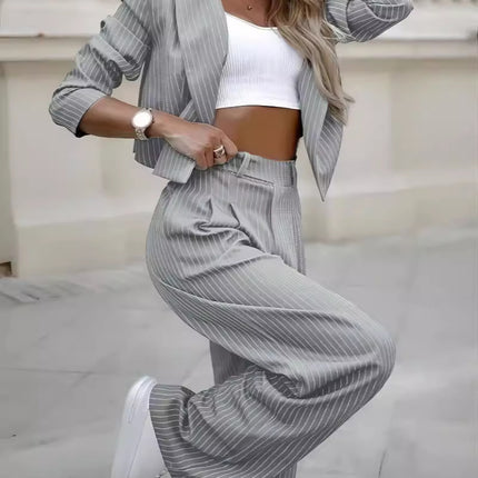 Fashion Striped Suits Casual Lapel Long Sleeve Cropped Top And Straight Pants Outfits Women's Clothing