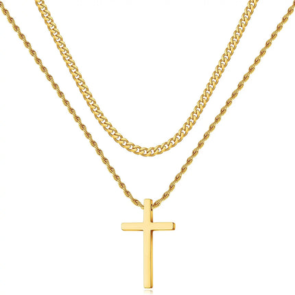 Stainless Steel Cross Necklaces for Men Layered Cuban Link Chain Rope Chain Mens Cross Necklaces Black Silver Gold Cross Pendant Necklace for Men Boys Women 16-26 Inches