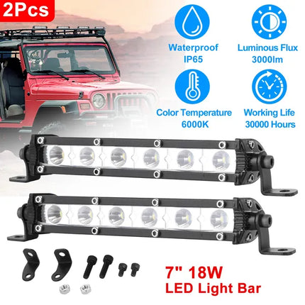 7" LED Light Bar Single Row Offroad Spot Lights 18W Ultra Slim Straight Work Light For Trailer Truck Bus Boat