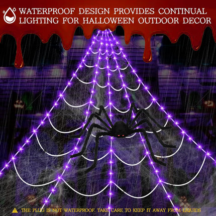 Halloween Decorations Outdoor Spiders Web Light Set, 115 Purple LED Light Decor 200” Triangular Giant Spiderweb Decorations&48" Large Spider&40G Cobweb&10 Small Spiders for Lawn Yard Party Decorations