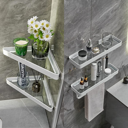 Bathroom Shelves Wall Mounted Glass Corner for Bathroom Floating Shelf Tempered Glass Bathroom Wall Organizer 2-Tier（White）