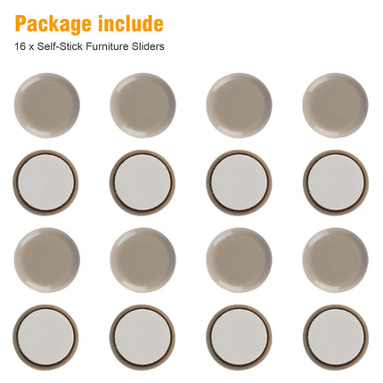 16Pcs Adhesive Furniture Sliders, round Furniture Moving Pads for Carpet Furniture Glide, Heavy Duty Reusable