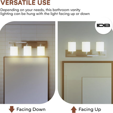 Bathroom Vanity Light Fixture | Interior Bathroom Lighting Bar with Modern Milk Glass Shade | Bathroom Lights over Mirror | Brushed Nickel, 3 Lights, E26 100W LED, Bulbs Not Included