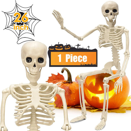 Halloween Skeletons,  26" Full Body Adjustable Skeleton with Movable Joints for Halloween Party Haunted House Outdoor Yard Tree Desk Decor, Holiday Scary Toys Prizes Gifts for Kids