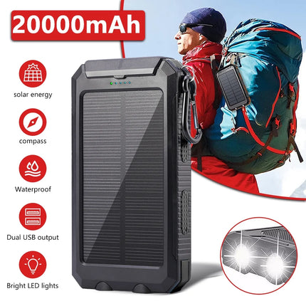 20000Mah Solar Charger for Cell Phone,  Portable Solar Power Bank with Dual 5V USB Ports, 2 Led Light , Compass Battery Pack for Outdoor Camping Hiking