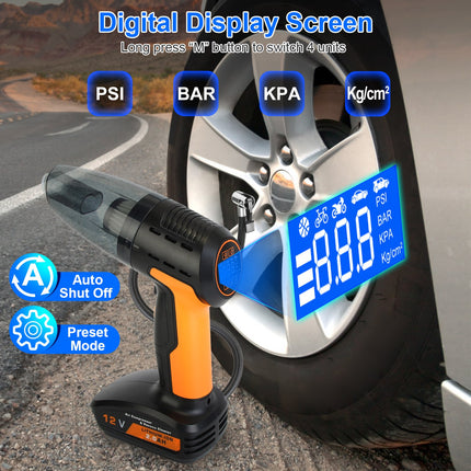 1Pc 4 In 1 Cordless Car Vacuum Cleaner And Tire Inflator With LED Light Digital Display Tire Pressure Gauge 150PSI Rechargeable Air Compressor Pump Essential Car Accessories