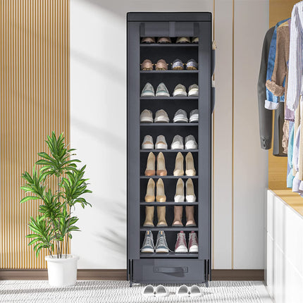 Shoes Rack 10 Tier Tall Narrow Shoe Rack with Bin Covered Shoe Shelf Storage Organizer Closet Stackable Shoe Stand