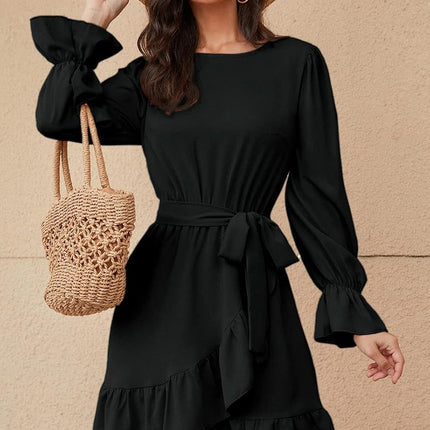 Women Flowy Long Sleeve Crew Neck Ruffles Mini Short Dress Bell Sleeve Solid Color with Belt (Black, Medium)