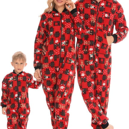 Matching Christmas One Piece Pajamas Fleece Onesie Sleepwear Hooded Zip-Up Jumpsuit with Pockets