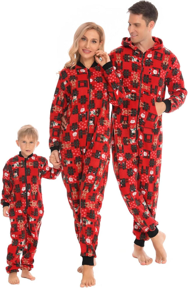 Matching Christmas One Piece Pajamas Fleece Onesie Sleepwear Hooded Zip-Up Jumpsuit with Pockets