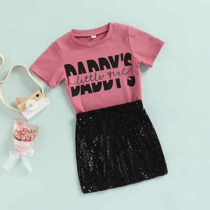 Toddler Girls 2Pcs Outfits Short Sleeve Daddy'S Little Girl Letter Print T-Shirt Top+Shiny Sequins Skirt (Pink Black, 18-24 Months), -Baby-20