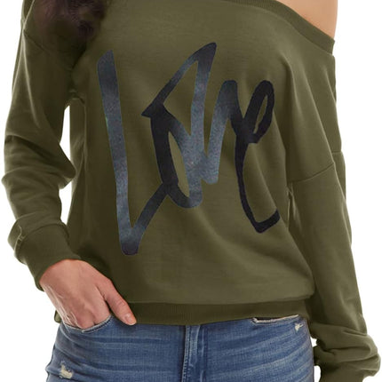 Womens Oversized Sweatshirt Love Letter Printed off Shoulder Sweatshirt Loose Slouchy Pullover Tops(Army Green,M)