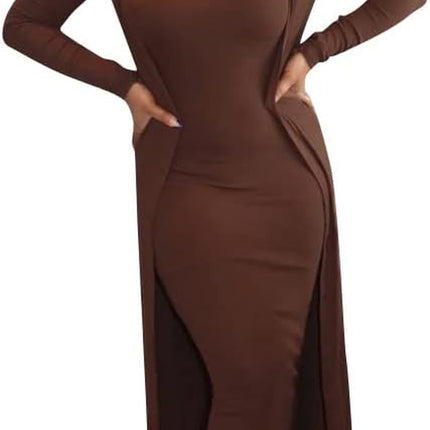 Two Piece for Women Sexy off the Shoulder Bodycon Midi Dresses with Long Cardigan Jackets Coffee