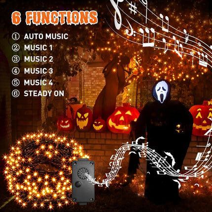 Halloween Lights Outdoor, 82 FT 200 LED Halloween String Lights with Music, Waterproof Orange Lights Plug in Motion Sensor Halloween Decorations Outdoor