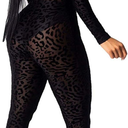 Women See through Bodycon Jumpsuit - One Piece Deep V Neck Outfits Sheer Mesh Leopard Clubwear Jumpsuit Rompers