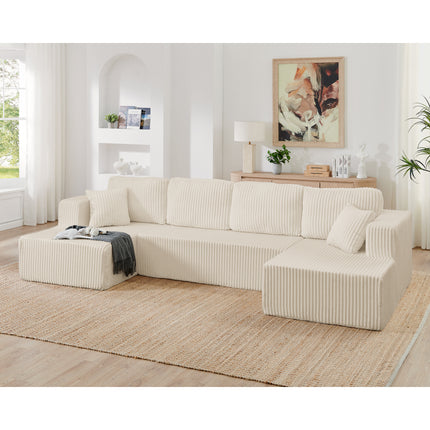 U Shape Modular Sectional Sofa, Compressed Sectional Sofa Modern Minimalist Style Corduroy Couch, Sleeper Sofa For Living Room, Bedroom, Comfy Compressed Sofa -Beige