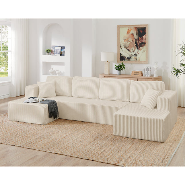 U Shape Modular Sectional Sofa, Compressed Sectional Sofa Modern Minimalist Style Corduroy Couch, Sleeper Sofa For Living Room, Bedroom, Comfy Compressed Sofa -Beige