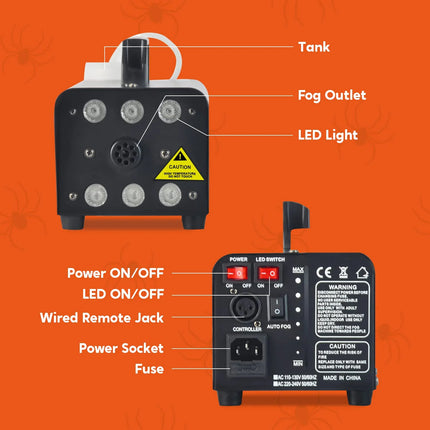 Halloween Fog Machine,500W Outdoor Fog Machine with 13 Colorful LED Lights & Wireless Remote Control for Wedding,Halloween,Party and Indoor