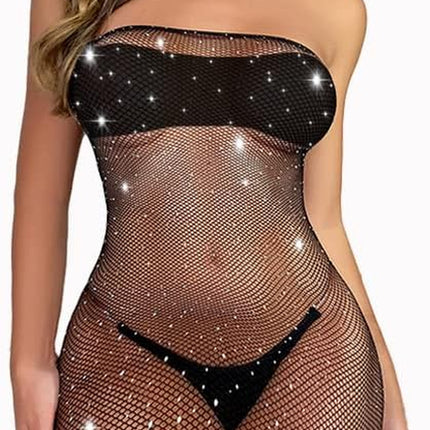 Women'S Sexy Fishnet Bodysuit Rhinestone Mesh Dress Hole Strap Stretch Chemise Nightwear