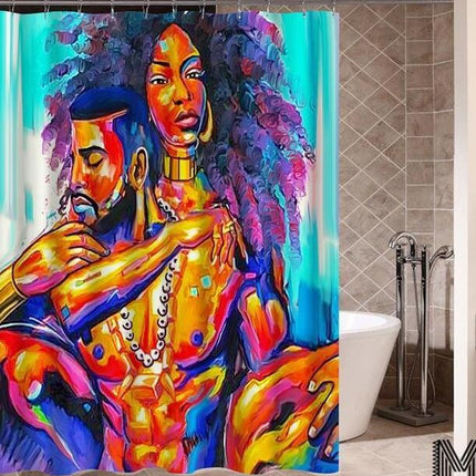 Art Design Graffiti Art Hip Hop African Girl with Black Hair Big Earring with Modern Building Shower Curtain for Bathroom Decor