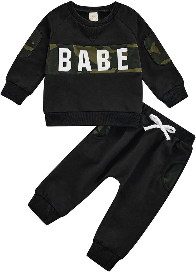 Newbron Baby Girls Boys Clothes Letter Printed Long Sleeve Romper Hooded Sweatshirts Pants Outfits(Black, 18-24 Months)