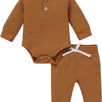 Infant Newborn Baby Boy Girl Clothes Cotton Long Sleeve Jumpsuits+Long Pants Fall Winter Solid Outfits Set (Caramel,12-18 Months)