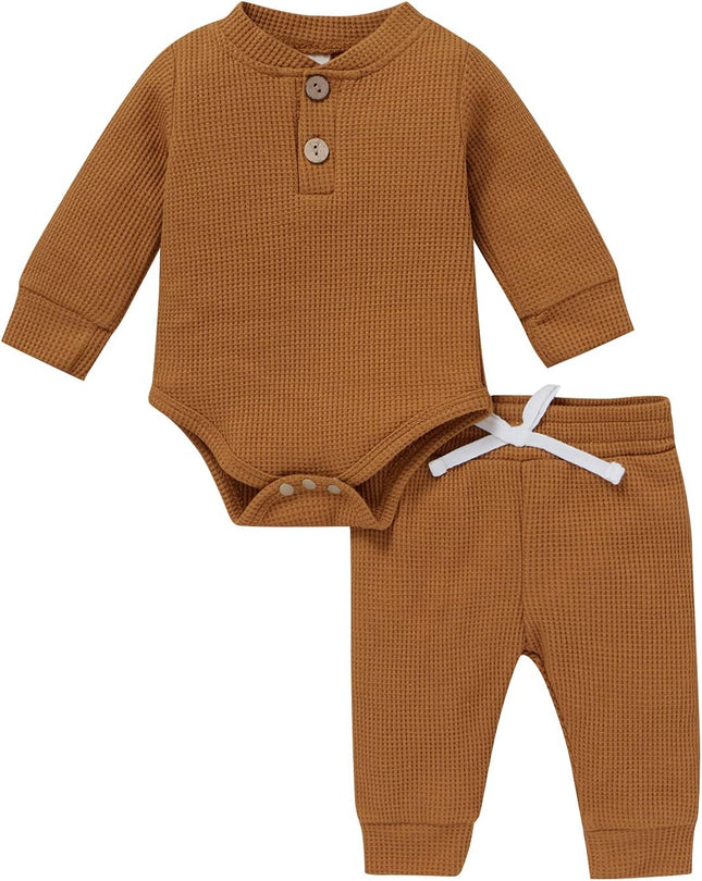 Infant Newborn Baby Boy Girl Clothes Cotton Long Sleeve Jumpsuits+Long Pants Fall Winter Solid Outfits Set (Caramel,12-18 Months)