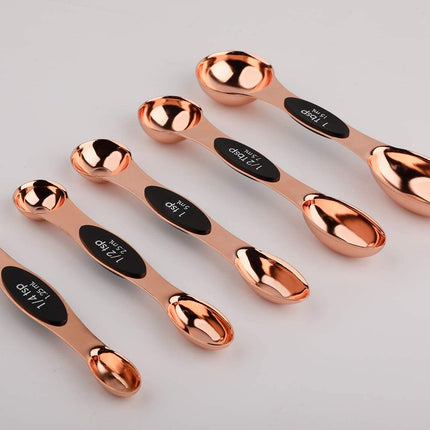 Magnetic Measuring Spoons Stainless Steel Copper Plated Rose Gold Dual Side for Dry and Liquid Ingredients Set of 5