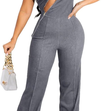 Women'S Summer Sexy Sleeveless One Piece Outfit Hollow Out Zipper One Shouler Jumpsuit Romper Grey XL