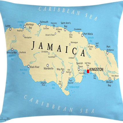 Jamaican Throw Pillow Cushion Cover, Map of Jamaica Kingston Caribbean Sea Important Locations in Country, Decorative Square Accent Pillow Case, 20" X 20", Pale Blue Beige Black