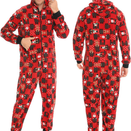 Matching Christmas One Piece Pajamas Fleece Onesie Sleepwear Hooded Zip-Up Jumpsuit with Pockets