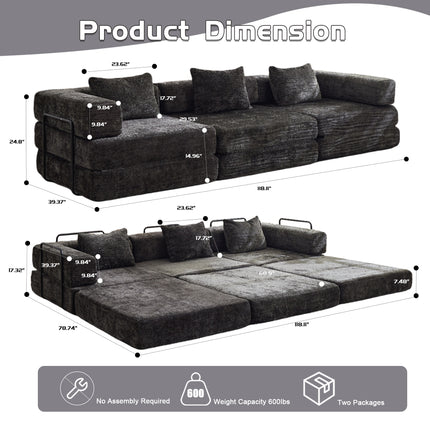 Compression Sofa,Convertible Floor Sofa Bed With Fixed-Shape Frame, Boneless Modular Sectional Sofa,No Assembly Required,Chenille Fabric,for Living Room Bedroom,Black