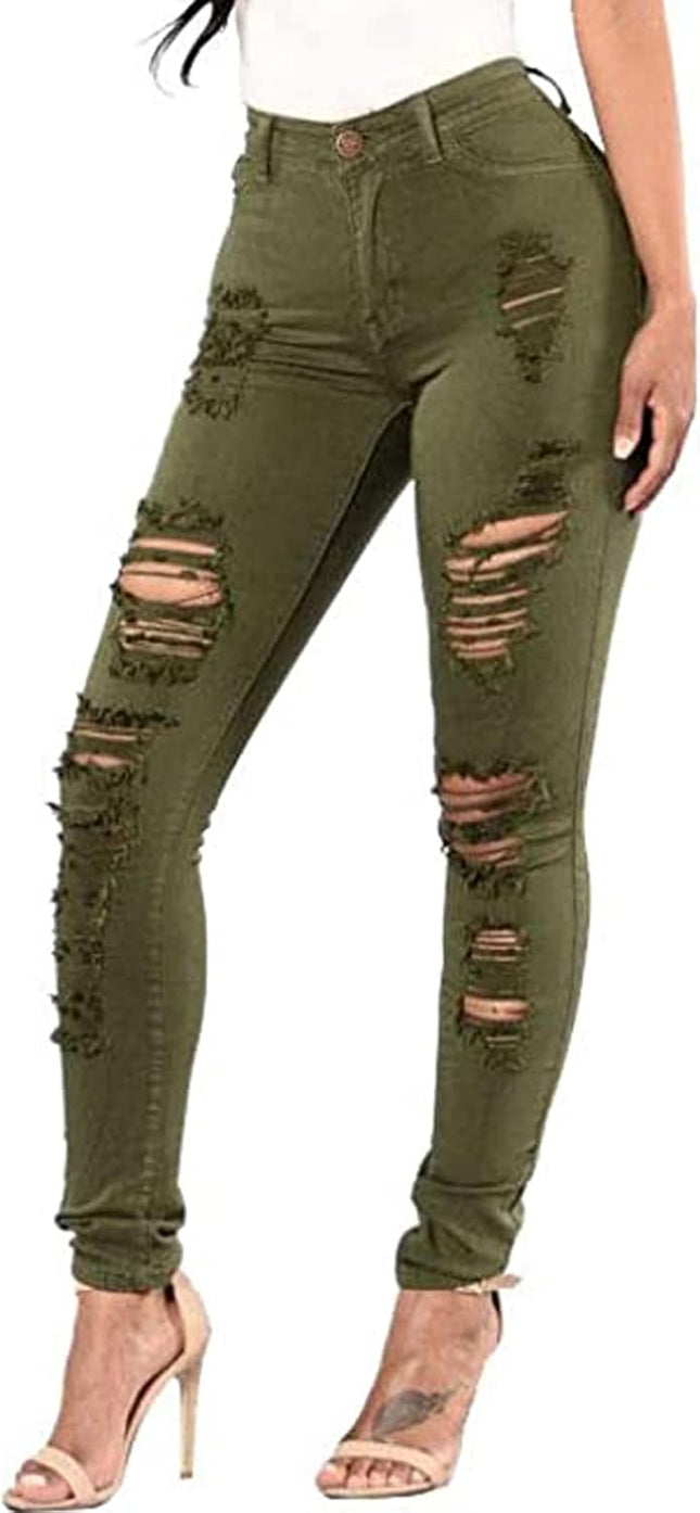 Women'S Ripped Skinny Jeans Stretch Mid Rise Distressed Destroyed Denim Pants