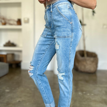 Judy Blue Full Size Distressed Straight Jeans with Patch Pockets