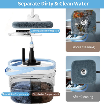 Spin Mop And Bucket With Wringer Set Flat Floor Mop With Clean And Dirty Water Separate System 2 Replaceable Reusable Washable Microfiber Mop Pads