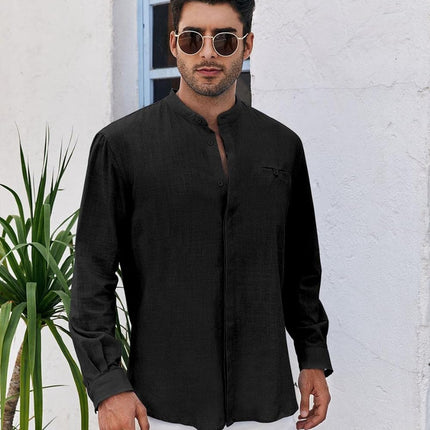 Mens Linen Casual Button down Shirts Long Sleeve Summer Dress Shirt Mandarin Collar Beach Yoga Tops with Pocket Black