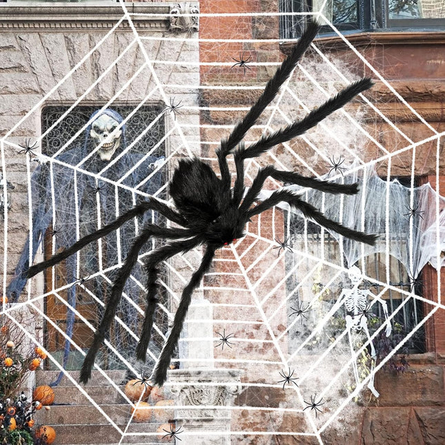 200" Halloween Spider Web Decoration with 79" Large Hairy Spider, Stretch Halloween Cobwebs with 20 Plastic Spiders for Indoor Outdoor Halloween Yard Home Tree Party Decor